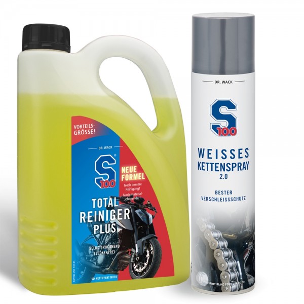 S100 Motorrad Total Reiniger 2 L incl. weisses Kettenspray 400ml von Dr Wack